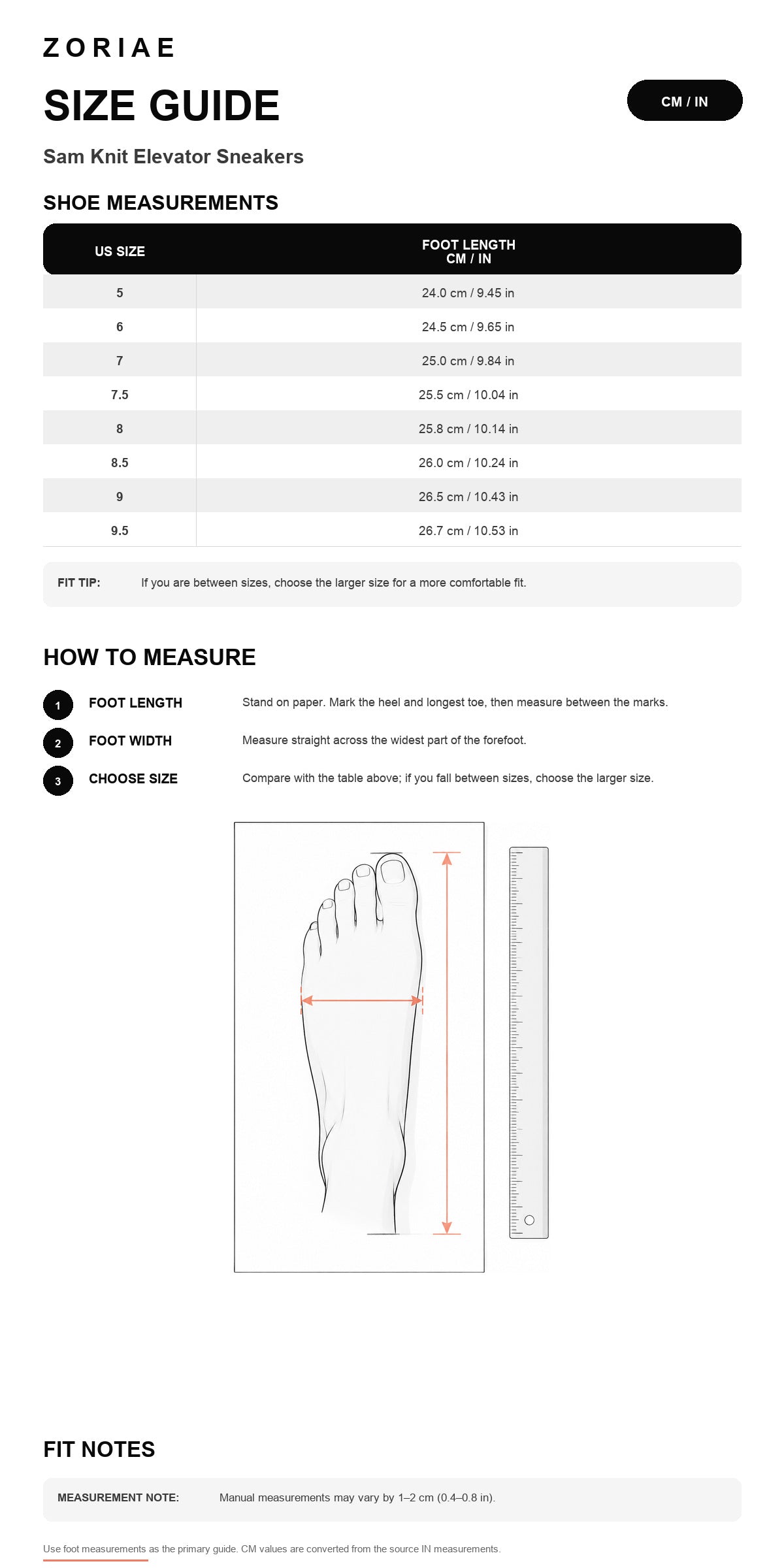 Sam Knit Elevator Sneakers Size Chart