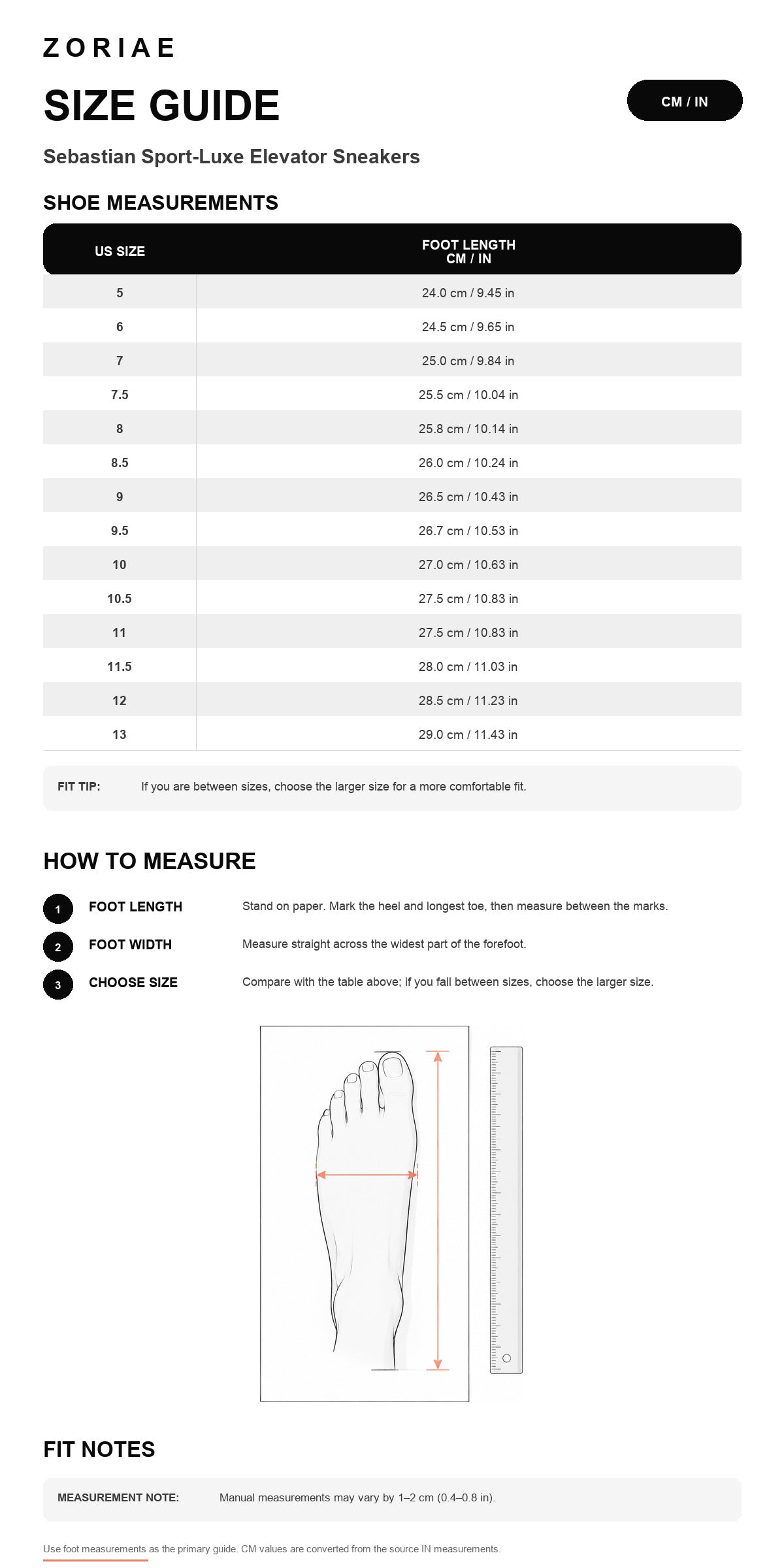Sebastian Sport-Luxe Elevator Sneakers Size Chart