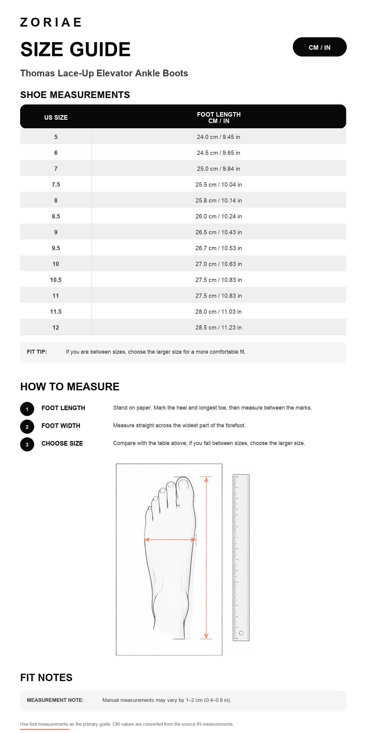 Thomas Lace-Up Elevator Ankle Boots Size Chart